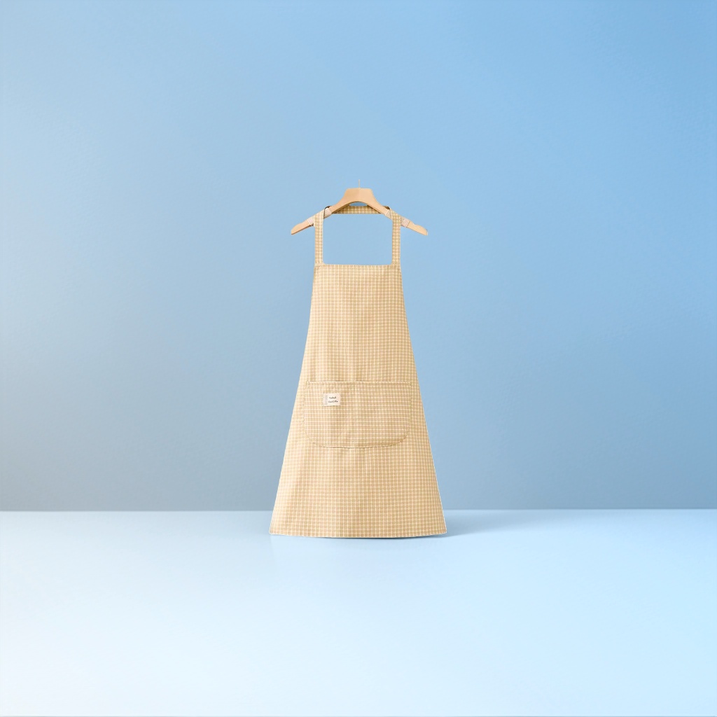 Beige checkered apron, kitchen oil-proof and water-proof, extended lace-up, pure cotton breathable details Picture