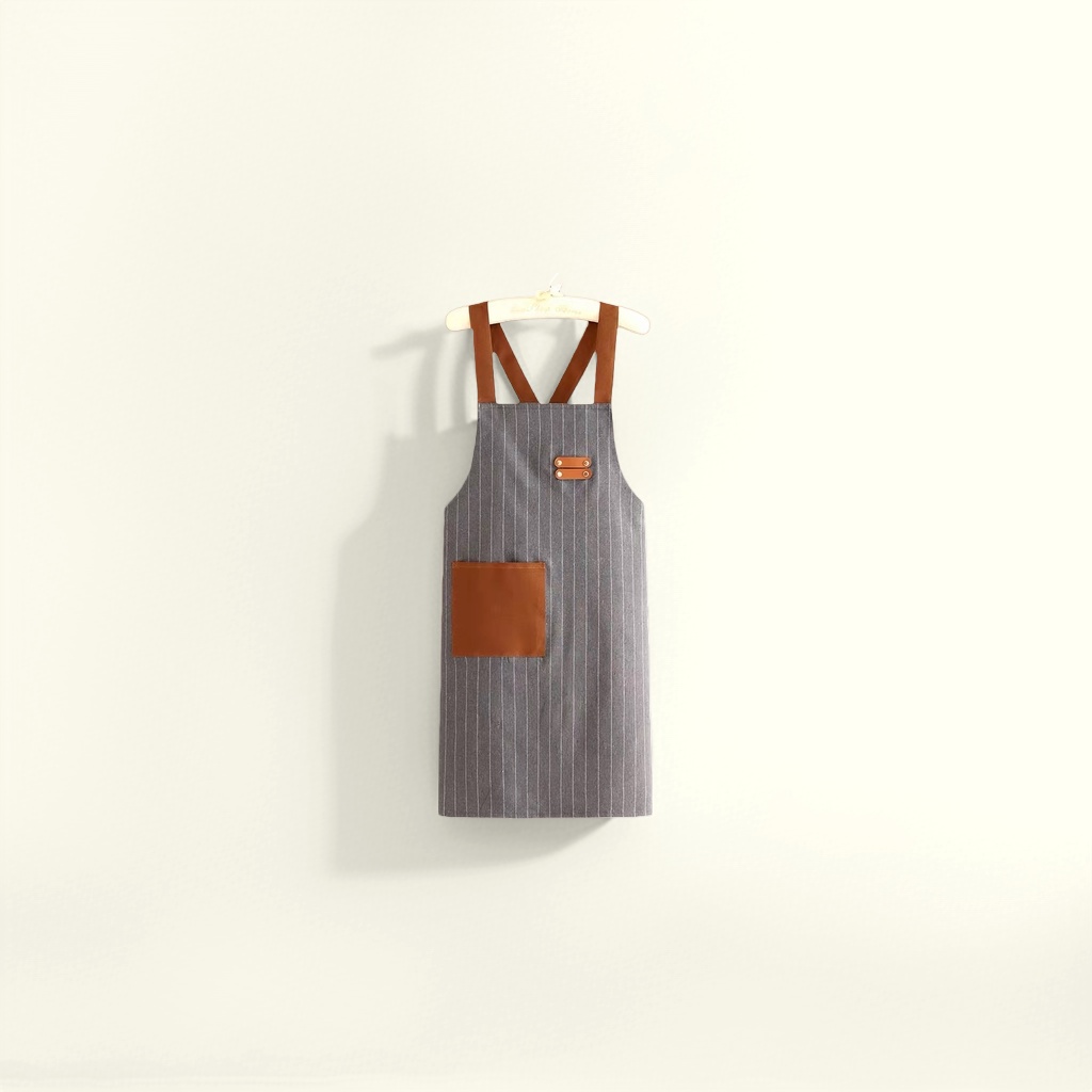 A grey striped apron with brown shoulder straps and pockets is a fashionable kitchen home stain-resistant apron Specification image