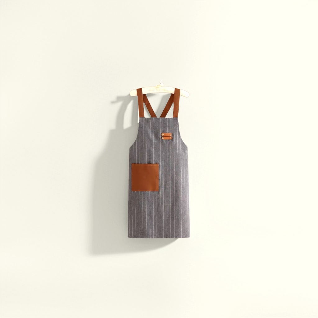 A grey striped apron with brown shoulder straps and pockets is a fashionable kitchen home stain-resistant apron