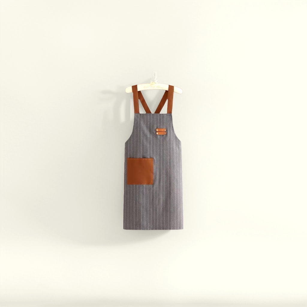 A grey striped apron with brown shoulder straps and pockets is a fashionable kitchen home stain-resistant apron Application Scenario