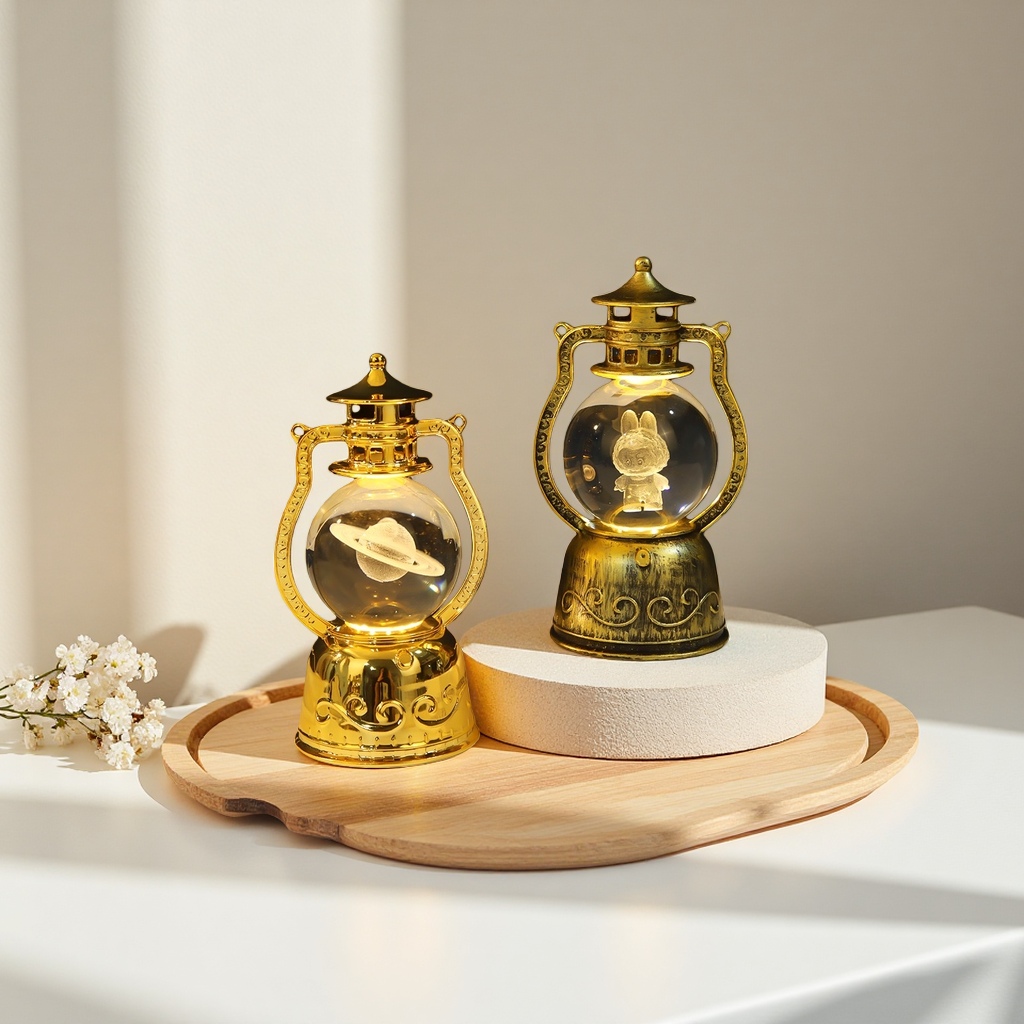 A golden retro kerosene lamp-shaped table lamp with a Saturn on the left and a rabbit on the right, featuring a double model decorative lamp Application Scenario