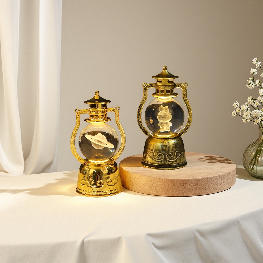 A golden retro kerosene lamp-shaped table lamp with a Saturn on the left and a rabbit on the right, featuring a double model decorative lamp Specification image