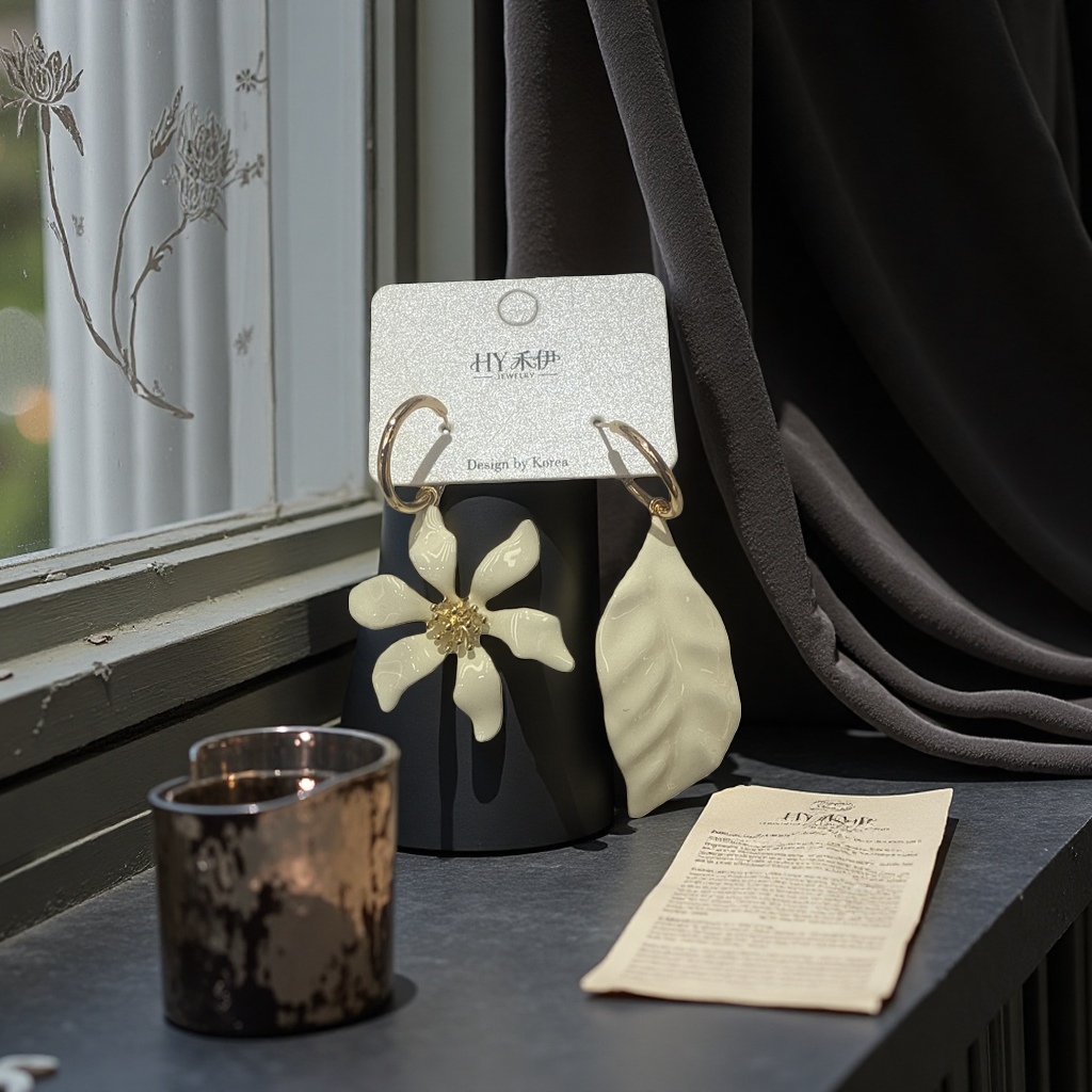 The white flower and leaf-shaped earrings feature a fashionable, simple and light luxury design Specification image
