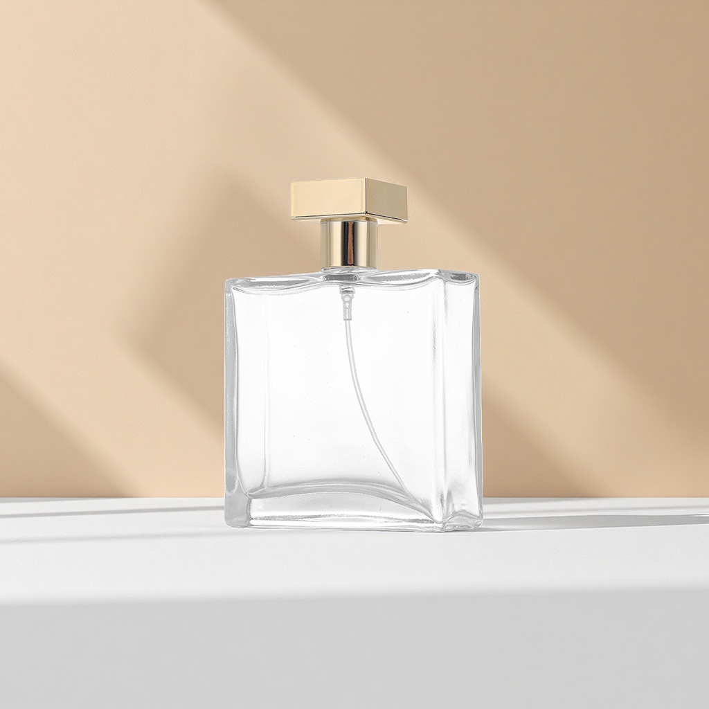 A 30ml exquisite fragrance container with a transparent glass perfume bottle and a golden square cap