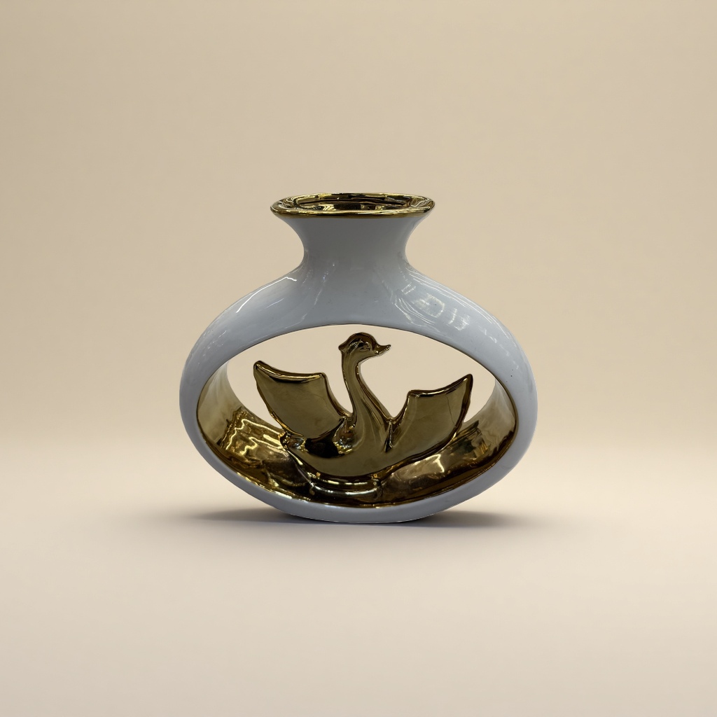 白色陶瓷金边花瓶，内部金色飞鸟造型装饰细节图