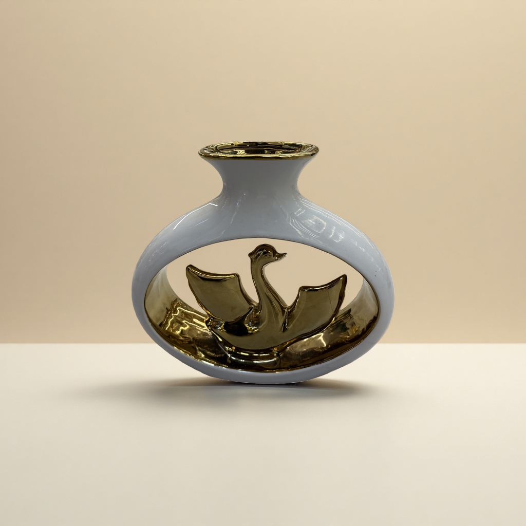 白色陶瓷金边花瓶 内部金色飞鸟造型装饰 客厅摆件图