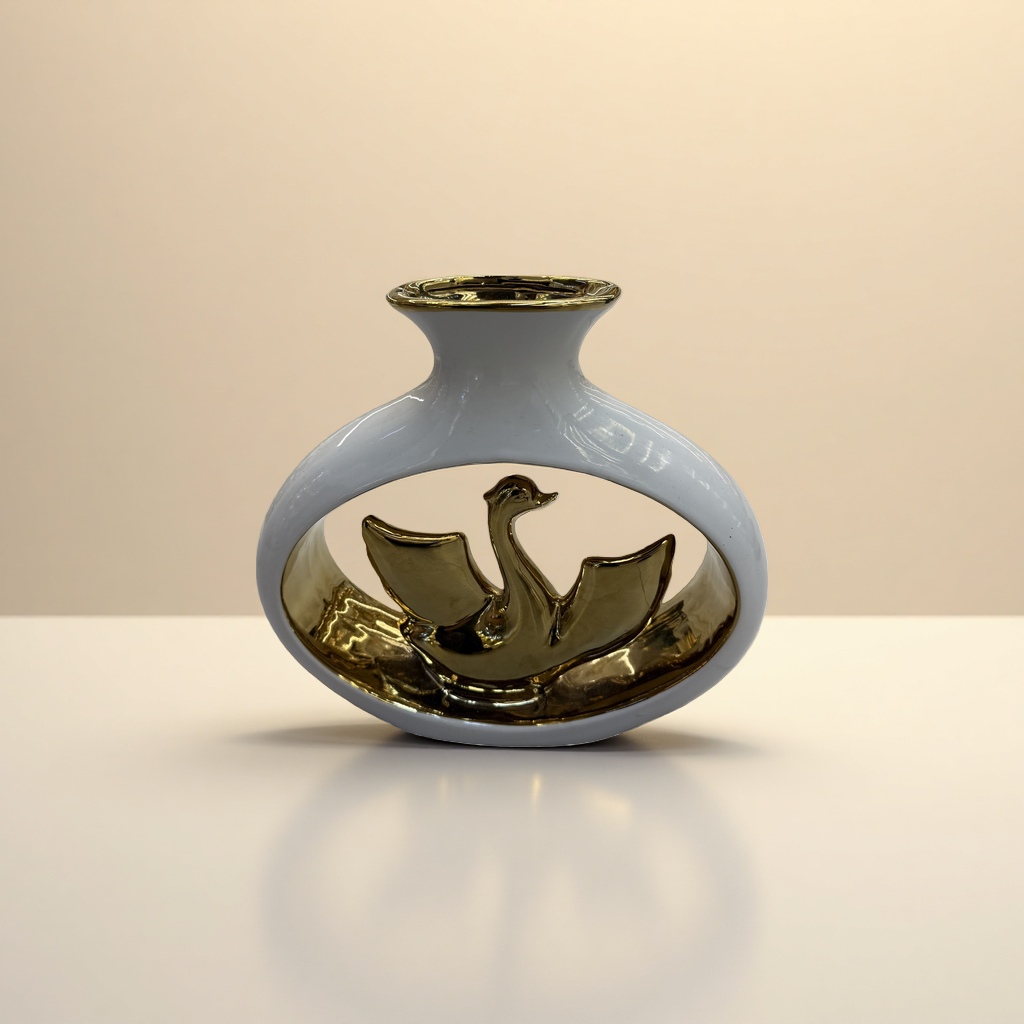 白色陶瓷金边花瓶，内部金色飞鸟造型装饰产品图