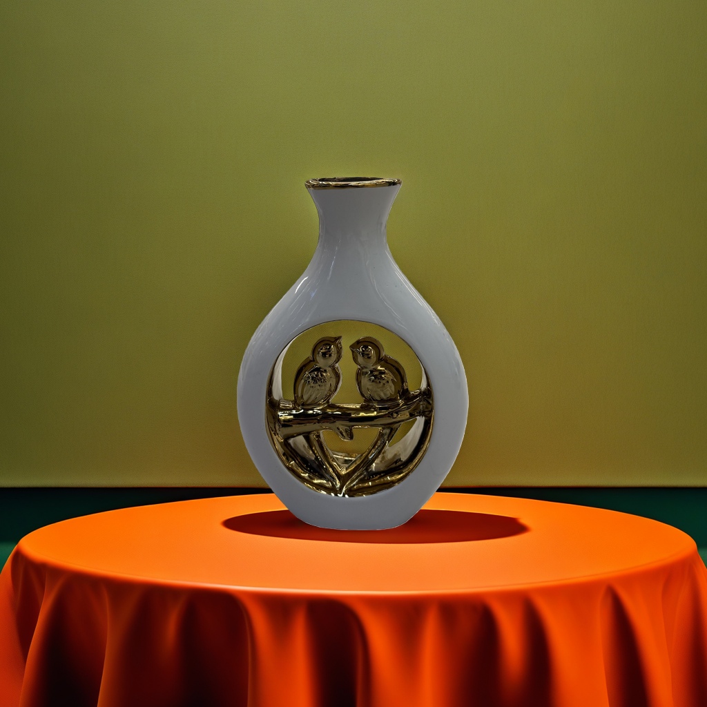 白色花瓶+金色鸟形装饰产品图