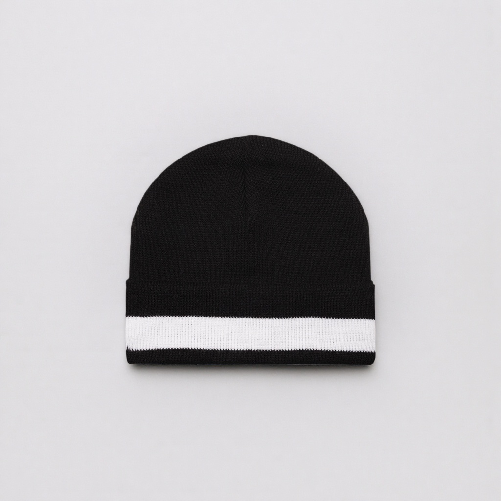 Black knitted cap with a white striped brim, a unisex warm woolen cap Specification image