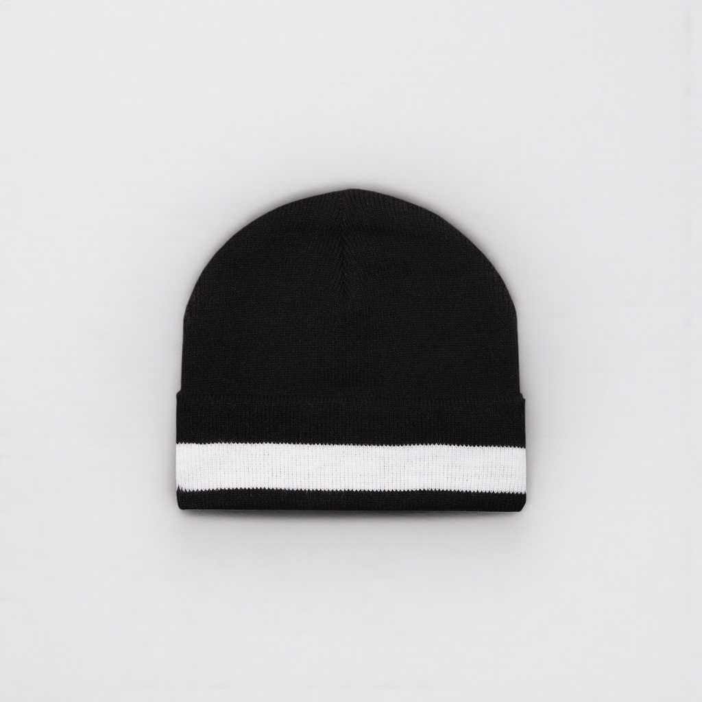 Black knitted cap with a white striped brim, a unisex warm woolen cap