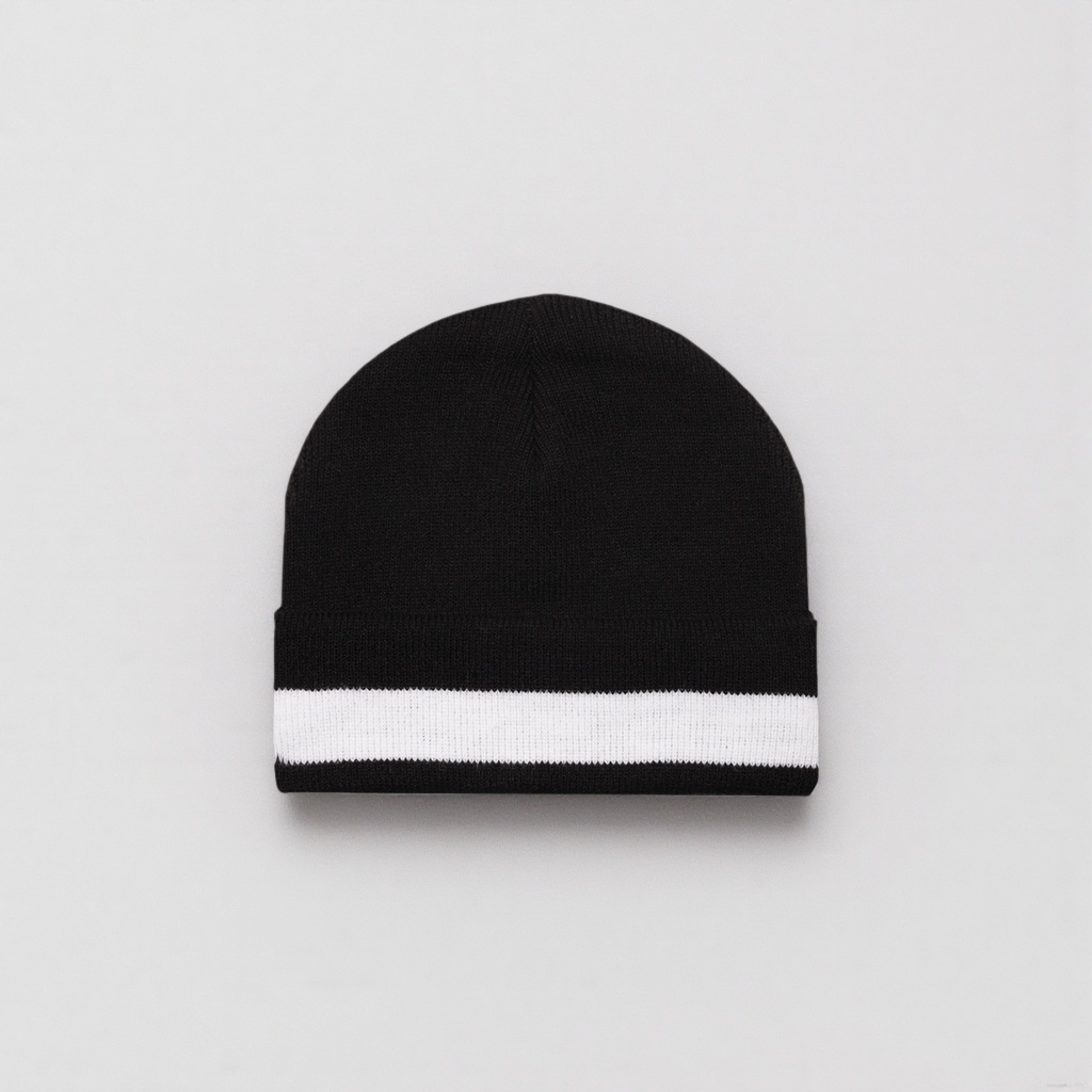 Black knitted cap with a white striped brim, a unisex warm woolen cap details Picture