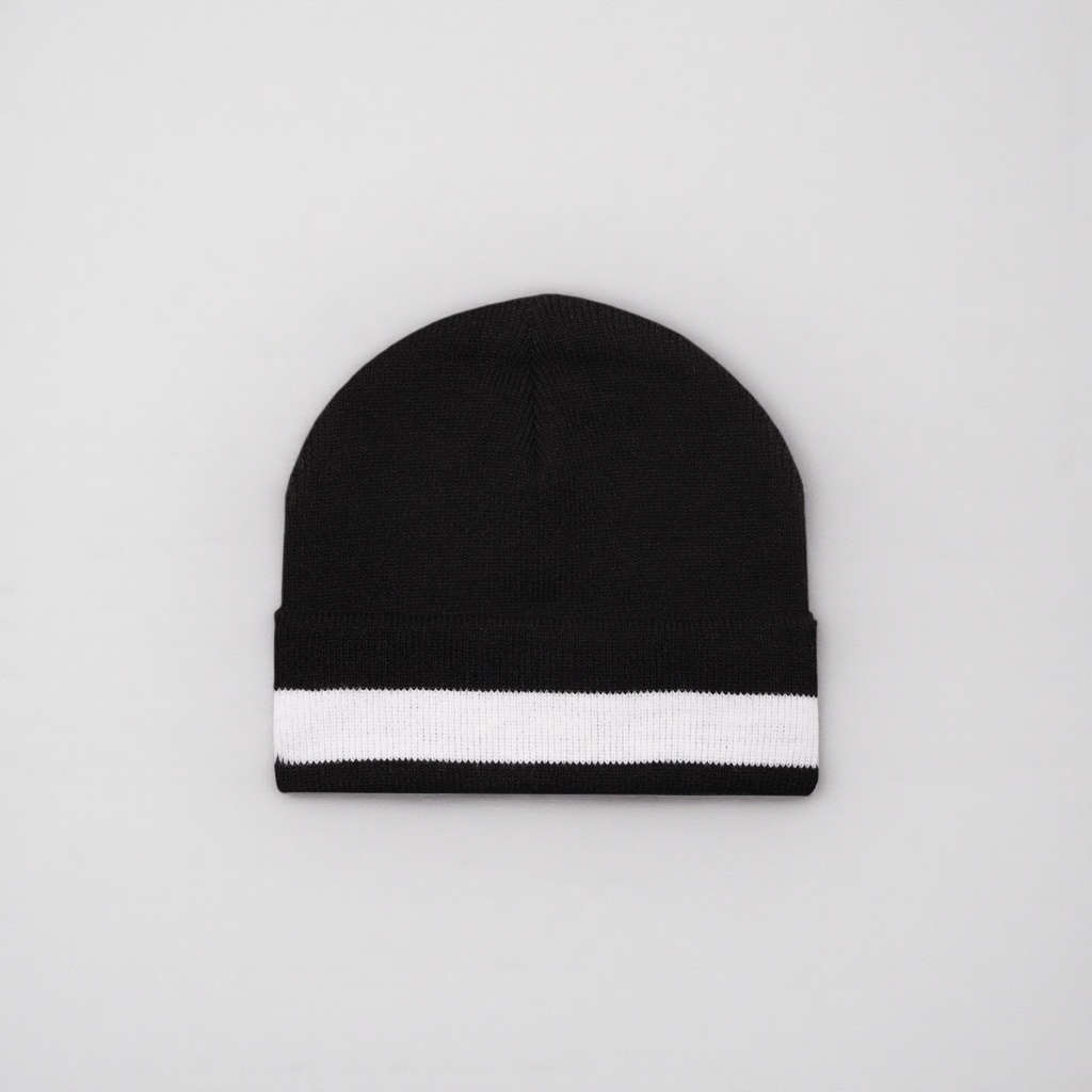 Black knitted cap with a white striped brim, a unisex warm woolen cap Application Scenario