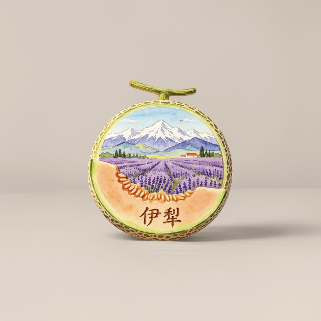 水彩风格哈密瓜造型摆件 伊犁字样雪山薰衣草田小屋网纹绿蒂紫花丛