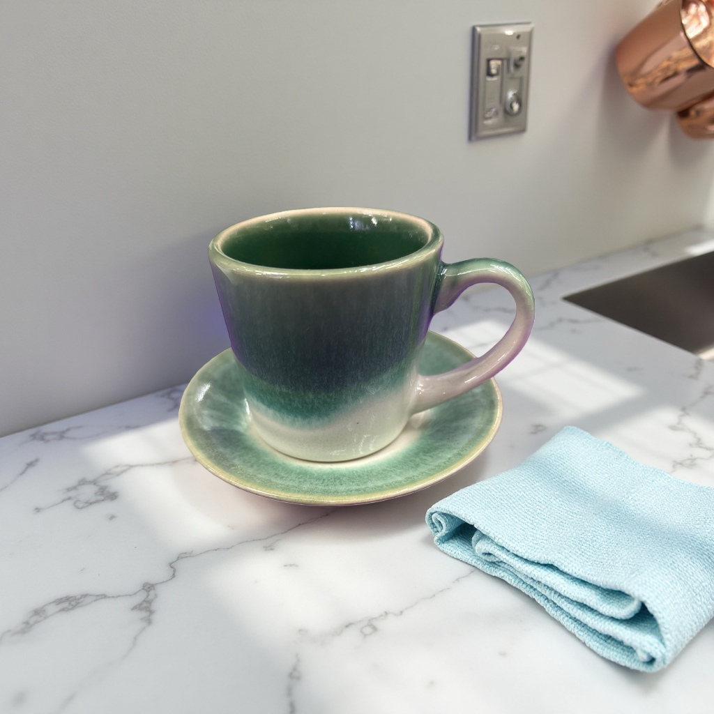 绿色渐变陶瓷杯碟套装 高温烧制釉面光滑防烫家用茶具