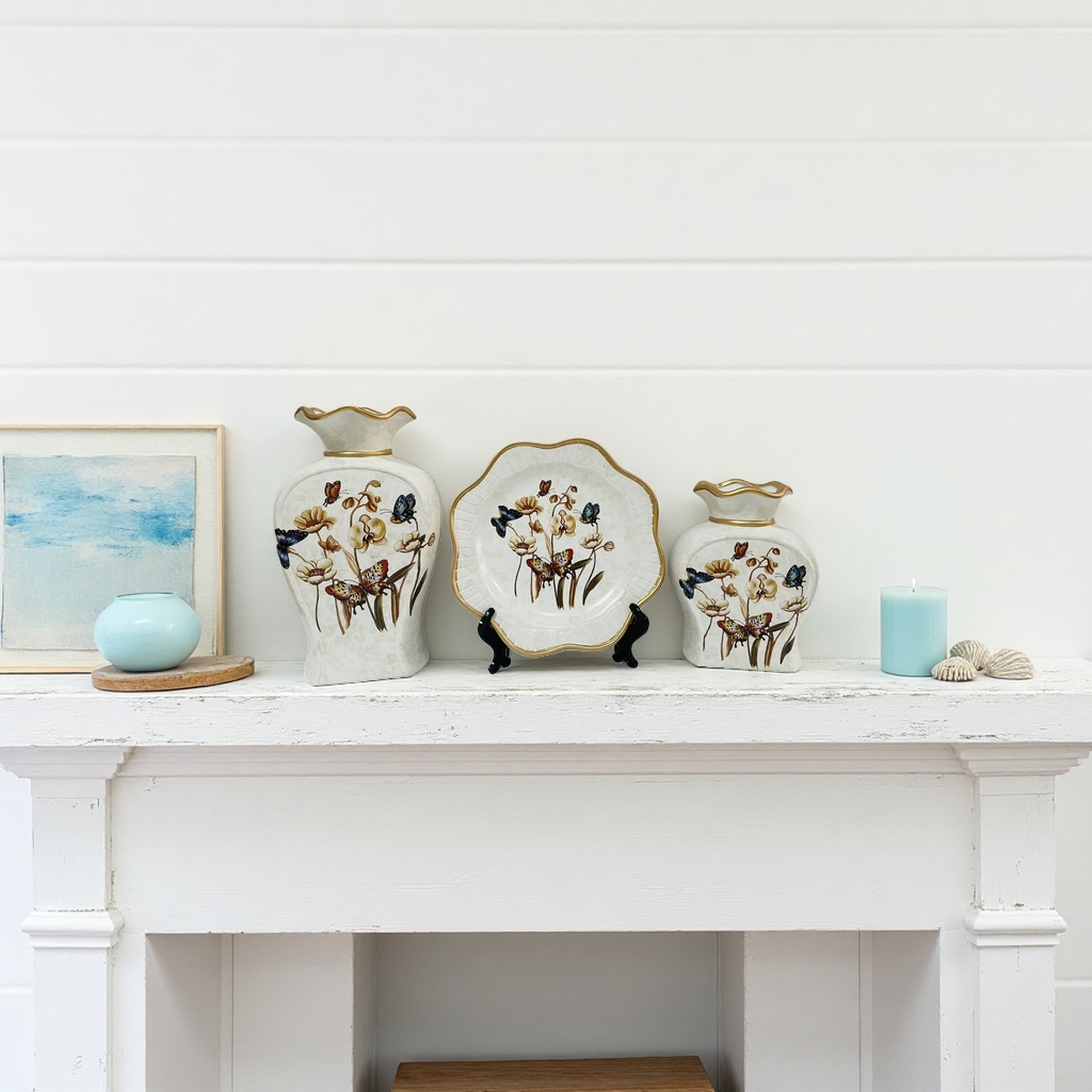 2026 New style white butterfly flower pattern vase and plate combination Decoration hotel home ceramic vase details Picture
