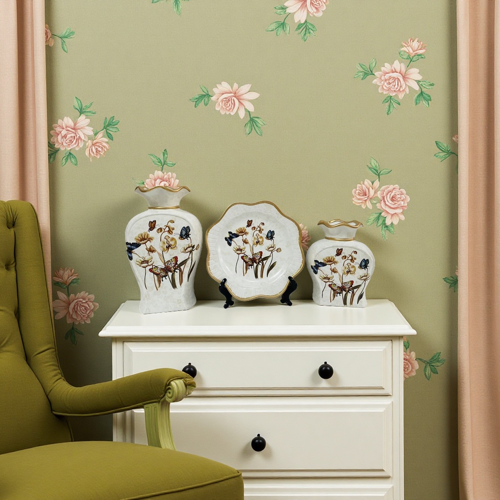 2026 New style white butterfly flower pattern vase and plate combination Decoration hotel home ceramic vase Application Scenario