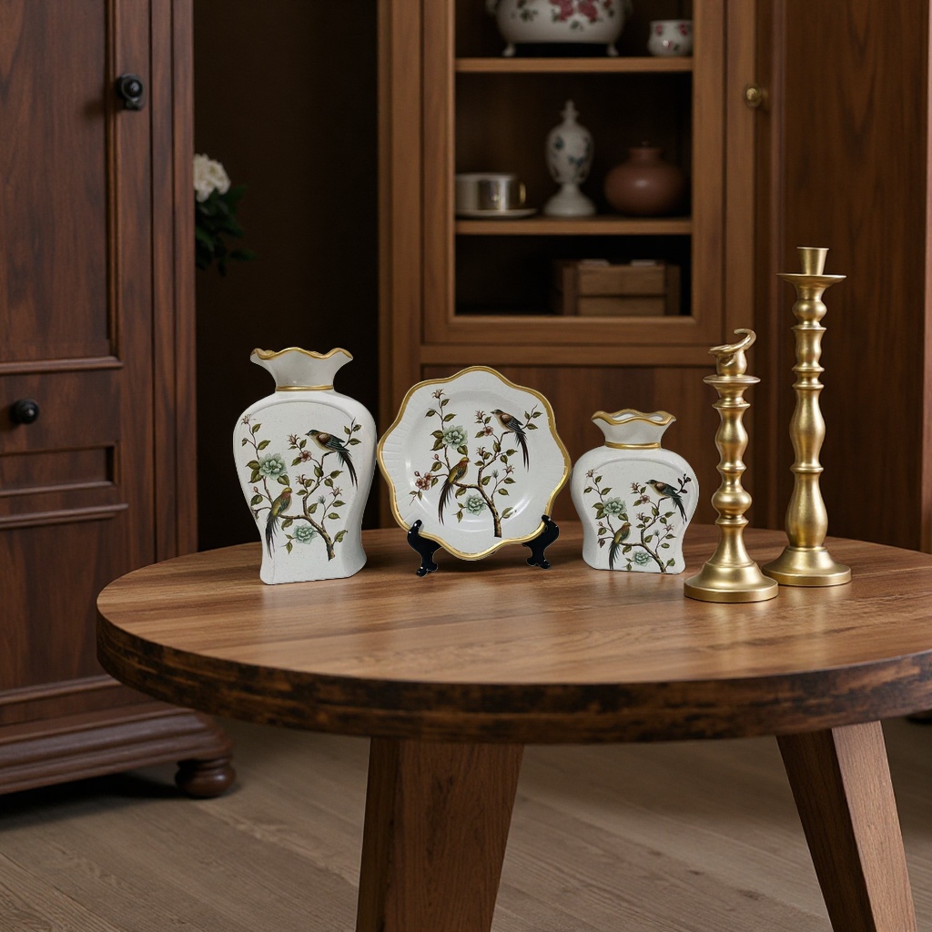 The 2026 new collection of white floral and bird patterned ceramic ornaments includes two vases and one lace plate. It is a ceramic vase for hotel and home decoration Specification image