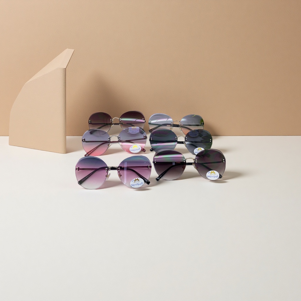 A variety of gradient frameless sunglasses, six-color oval cat-eye metal temple fashionable sunglasses