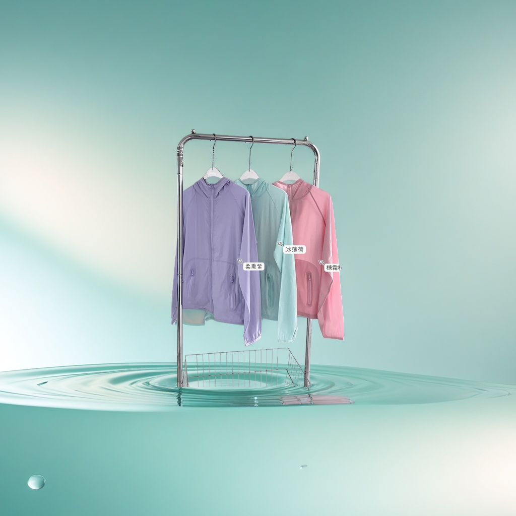 A three-color hooded jacket in soft smoked purple ice mint frosting powder is hung on a metal hanger
