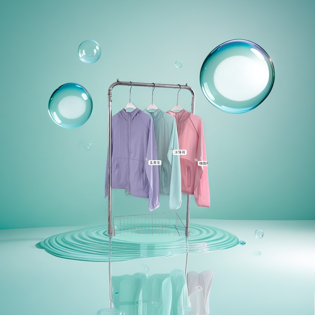 A three-color hooded jacket in soft smoked purple ice mint frosting powder is hung on a metal hanger Application Scenario