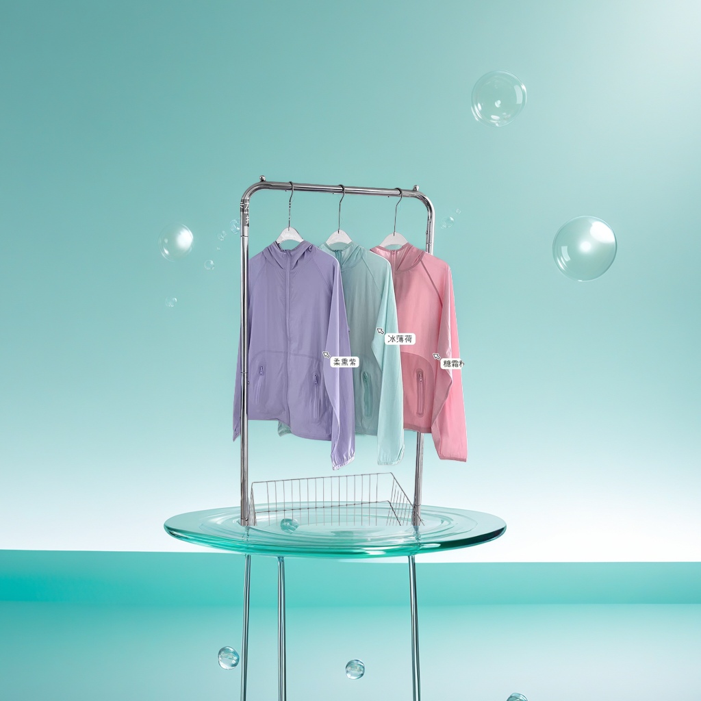 A three-color hooded jacket in soft smoked purple ice mint frosting powder is hung on a metal hanger Specification image