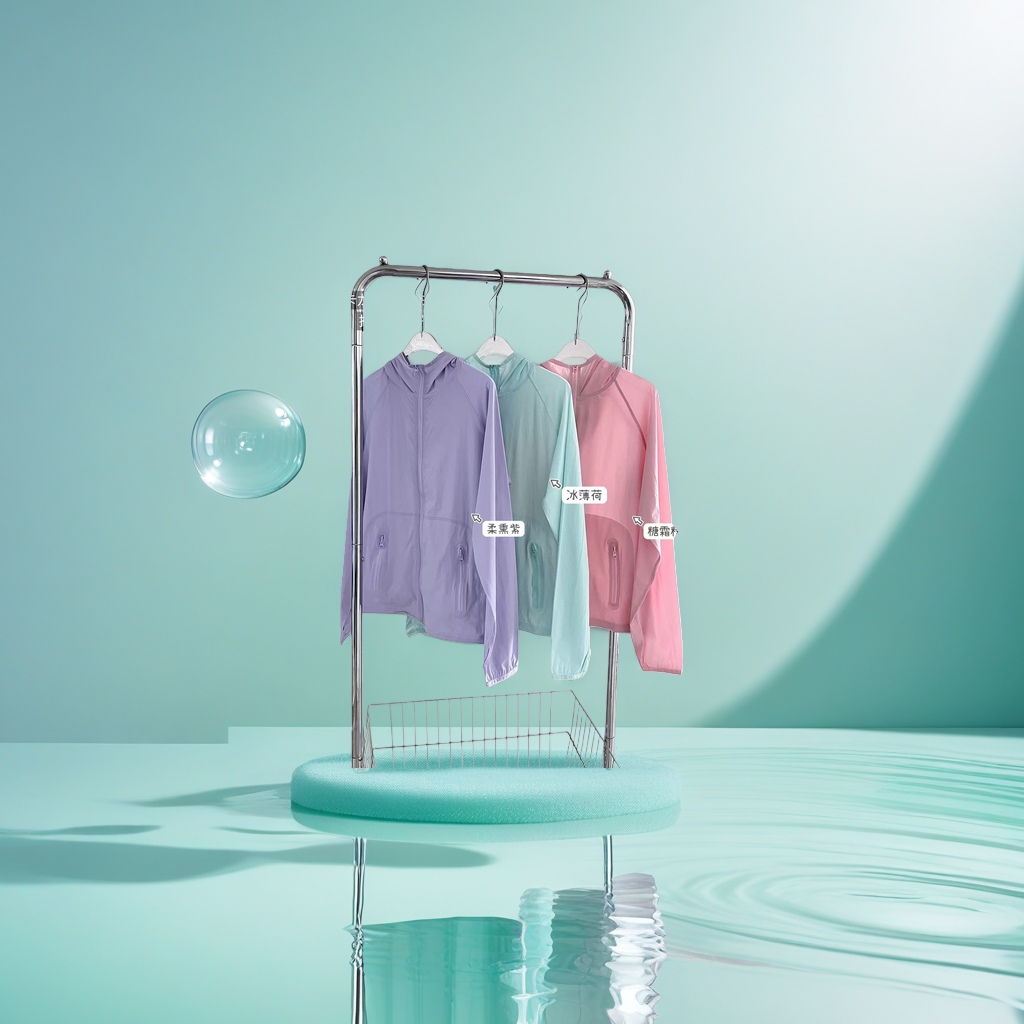 A three-color hooded jacket in soft smoked purple ice mint frosting powder is hung on a metal hanger details Picture