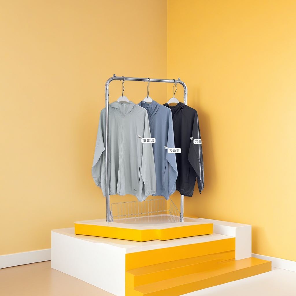 Three-color hooded sun-protective clothing in clear spring green, light cloud blue, graphite gray and metal hangers Specification image