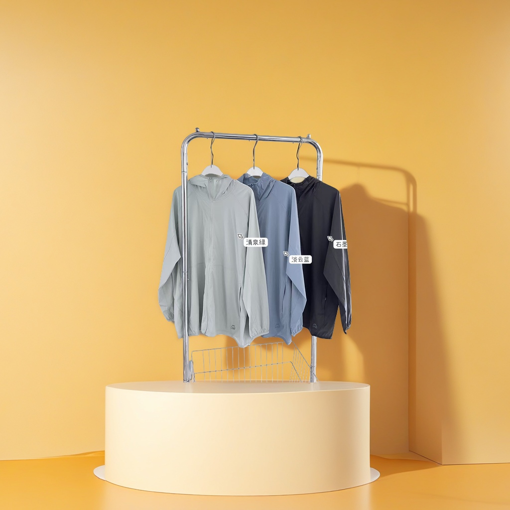 Three-color hooded sun-protective clothing in clear spring green, light cloud blue, graphite gray and metal hangers