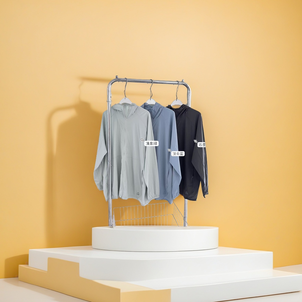 Three-color hooded sun-protective clothing in clear spring green, light cloud blue, graphite gray and metal hangers details Picture
