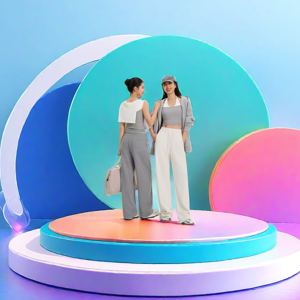 The main body is a grey sport suit paired with off-white wide-leg pants Specification image