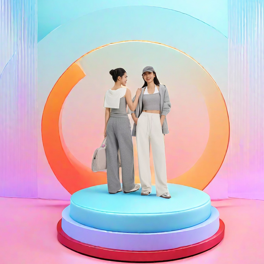 The main body is a grey sport suit paired with off-white wide-leg pants Application Scenario