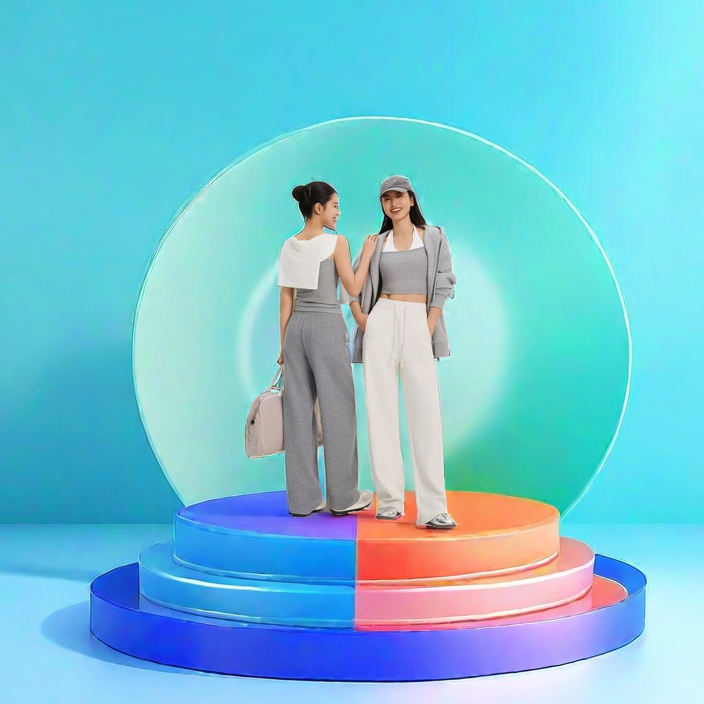 The main body is a grey sport suit paired with off-white wide-leg pants