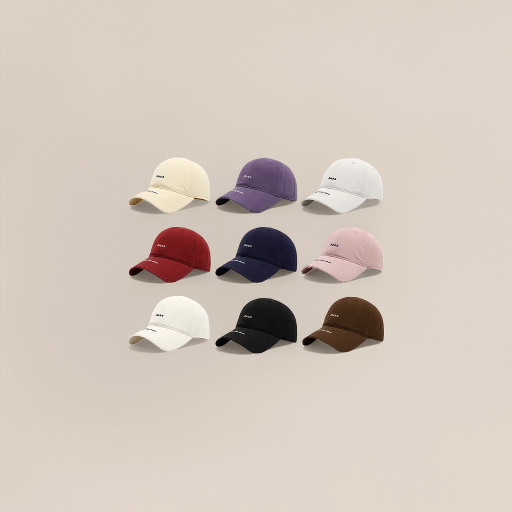 The front of the weathered and worn baseball cap is embroidered with the word "PASS". It's the same style for both men and women Application Scenario