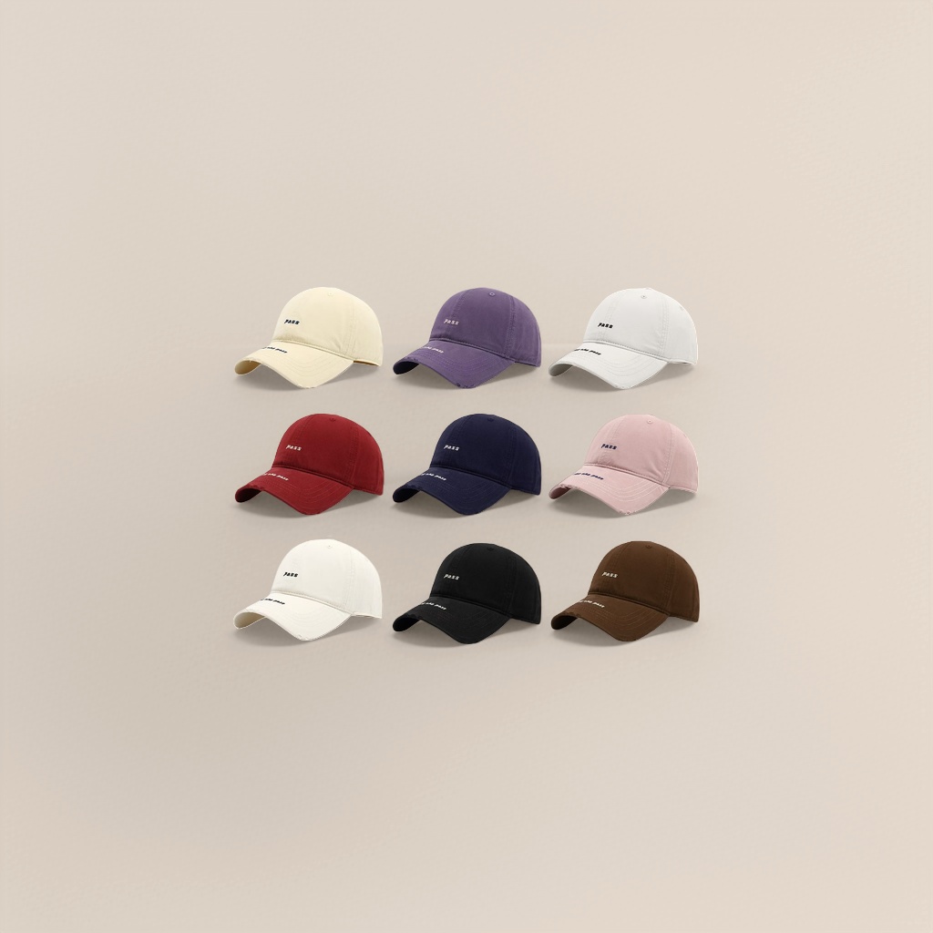 The front of the weathered and worn baseball cap is embroidered with the word "PASS". It's the same style for both men and women Specification image