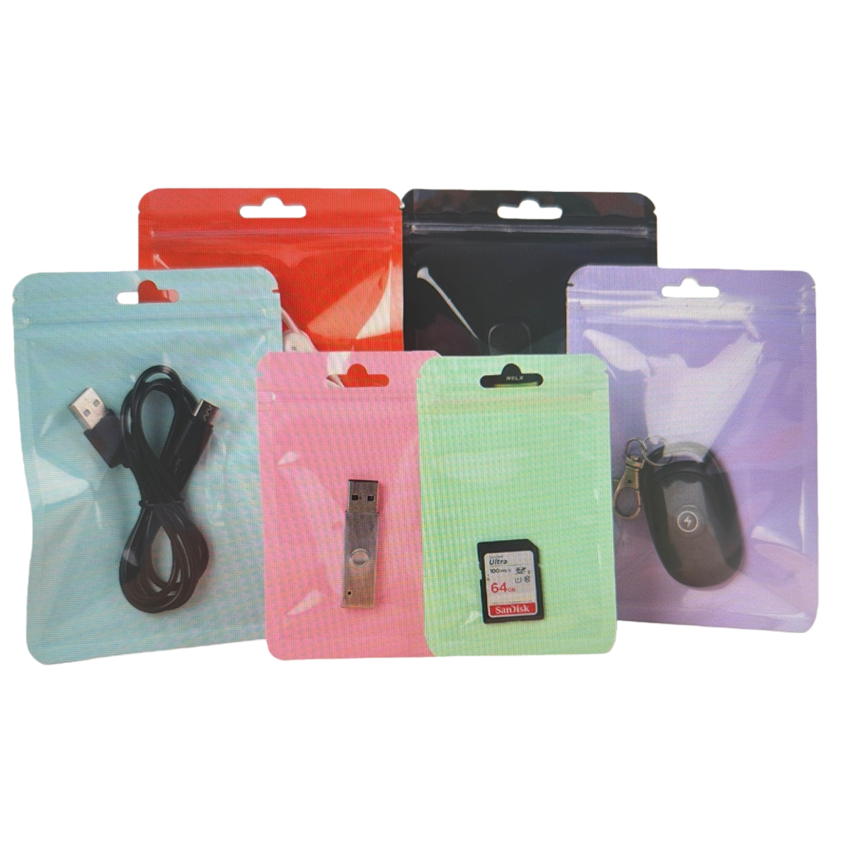 SanDisk 64GB memory card, black USB data cable, silver USB flash drive, black wireless charging keychain, colorful sealed bag Item Picture