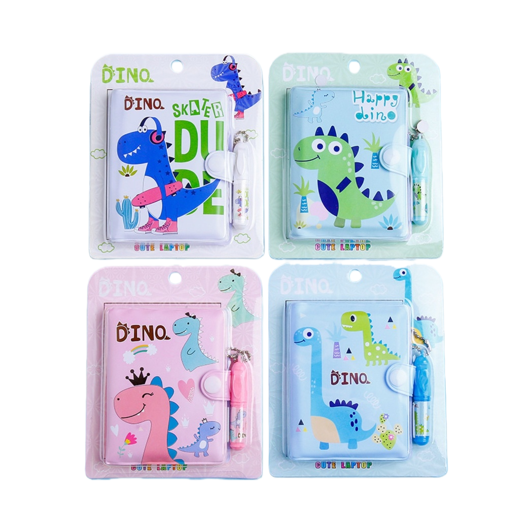 Four dinosaur-themed cartoon notebook sets with pen, blue, green, pink, light blue background DINO SKATER DUDE Happy dino Item Picture