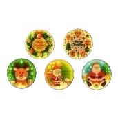 彩色圣诞装饰窗贴，主体为五个圆形发光窗花（含麋鹿、圣诞老人、雪人、花环图案）及悬挂雪花装饰白底实物图
