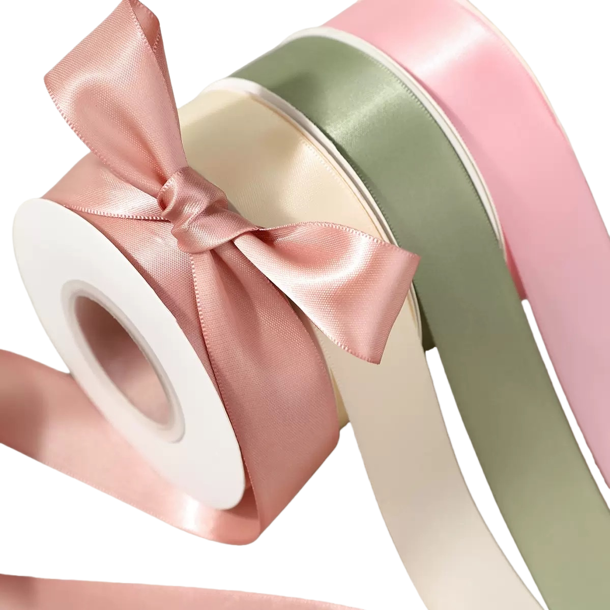 A pink ribbon bow is tied with a three-color ribbon roll in beige, light green and pink Item Picture