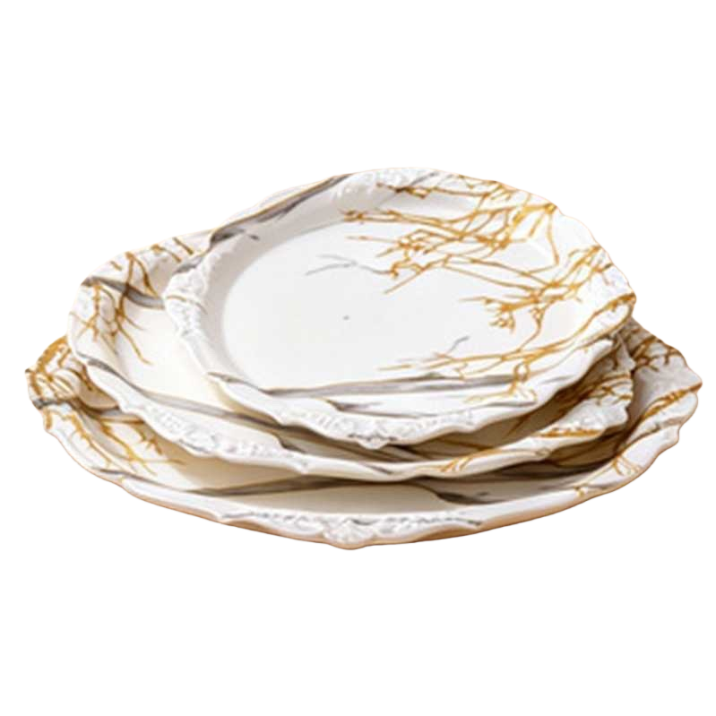 صينية رخامية مستديرة مرخامية ذات أغصان رمادية ذهبية Item Picture