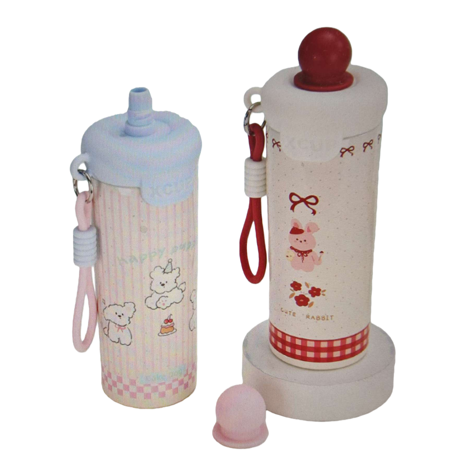 Pink striped cartoon water cup, white rabbit pattern water cup, cute children's insulated cup Item Picture