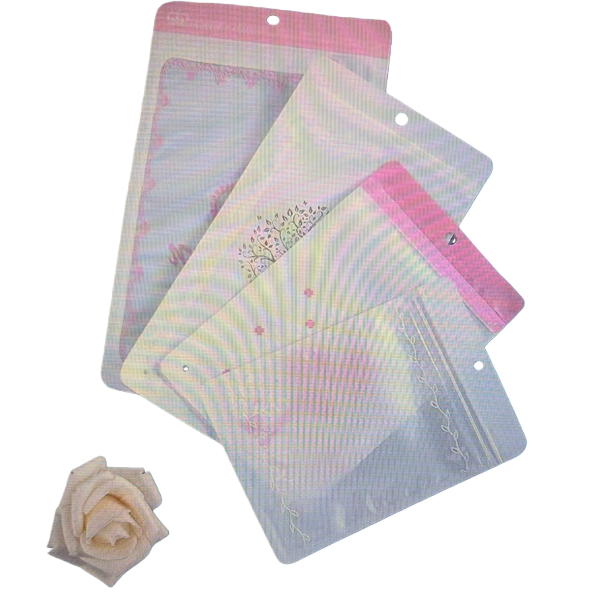 Bolsa ziplock transparente con bordes rosados apilados fondo azul claro rosa blanco papel de red Item Picture