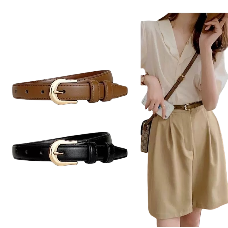 Brown and black two-tone leather belt for women's outfit display, adjustable women's belt Item Picture