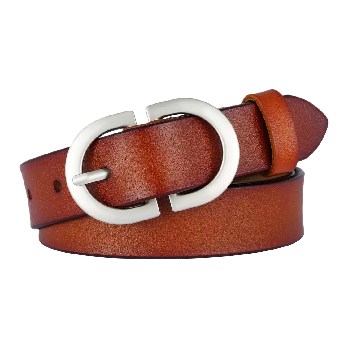 A brown genuine leather belt with a silver circular buckle men's business casual belt Item Picture