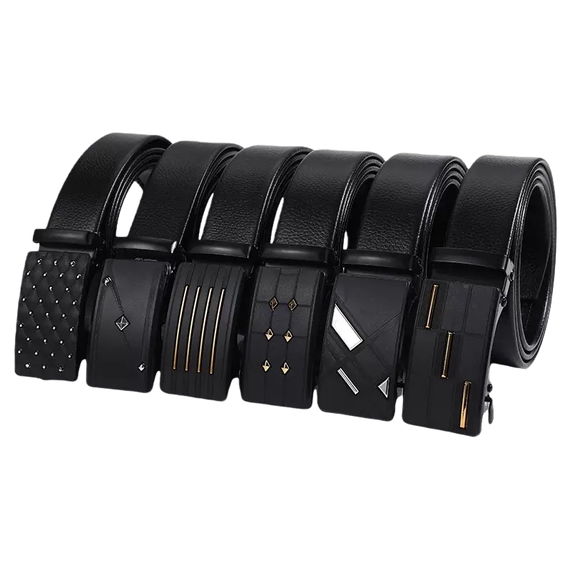 A black belt combination of five men's belts with different decorative buckles Item Picture