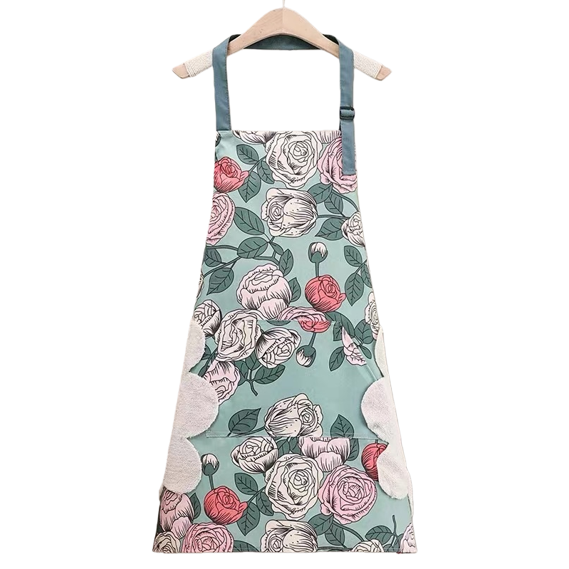 Blue background rose print apron, thickened oil-resistant kitchen home apron Item Picture