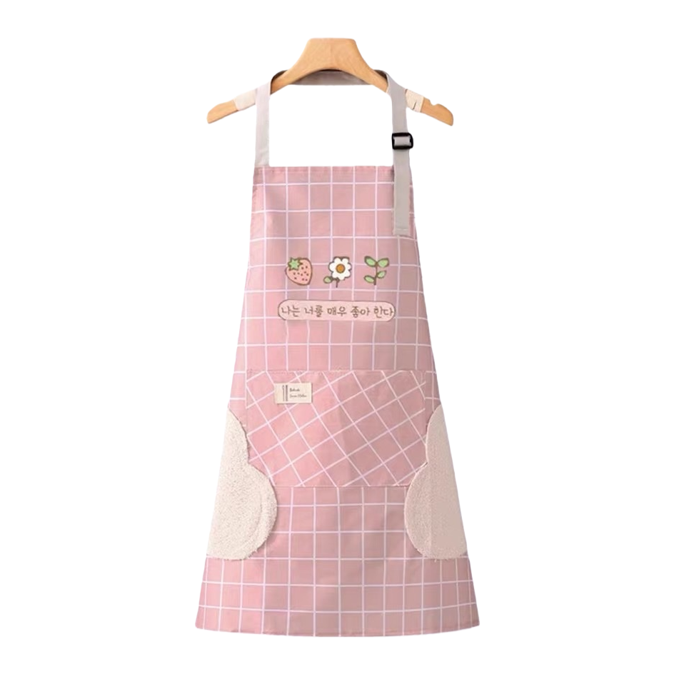Pink checkered apron, kitchen oil-proof and water-proof, extended tie, adjustable pure cotton apron Item Picture