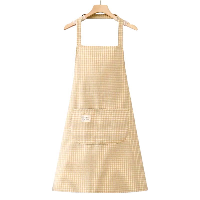 Beige checkered apron, kitchen oil-proof and water-proof, extended lace-up, pure cotton breathable Item Picture