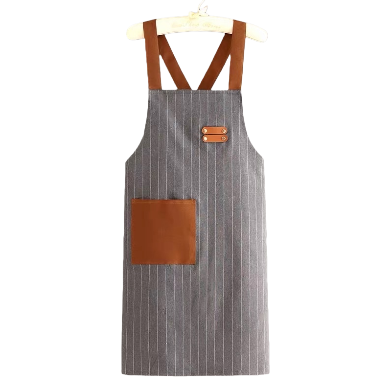 A grey striped apron with brown shoulder straps and pockets is a fashionable kitchen home stain-resistant apron Item Picture