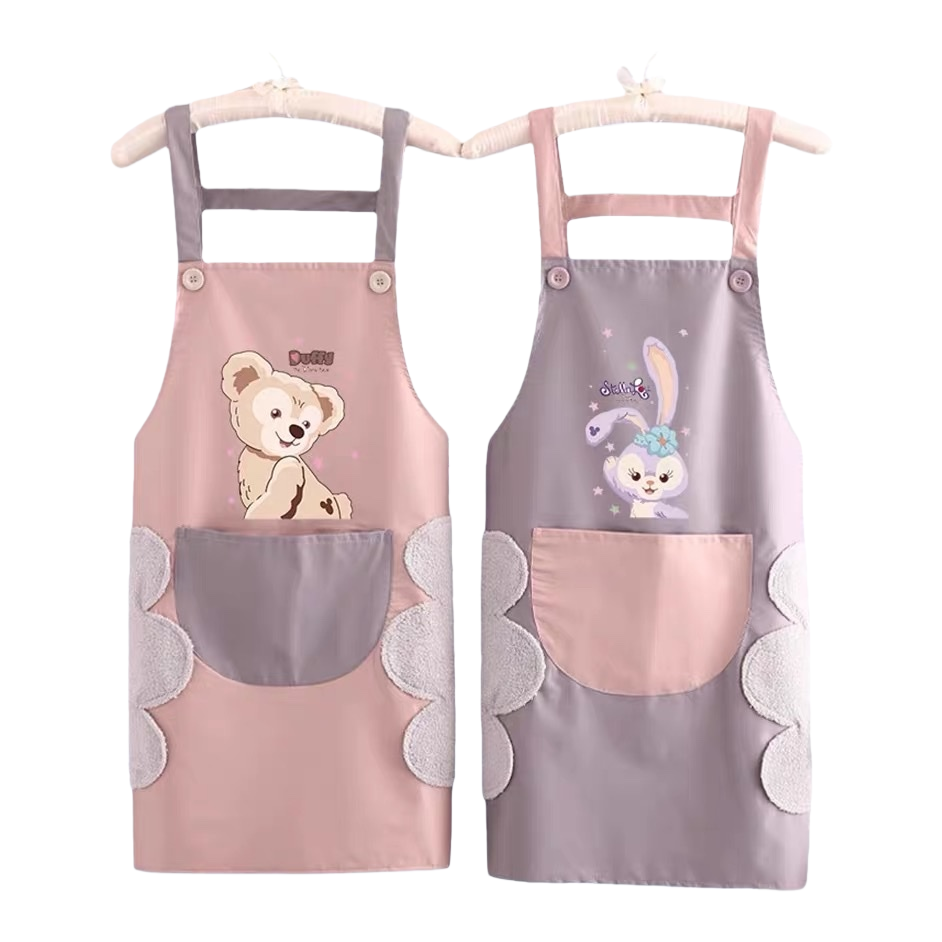 A pink and grey cartoon apron with a teddy on the left and a rabbit on the right, and double pockets with plush decoration Item Picture