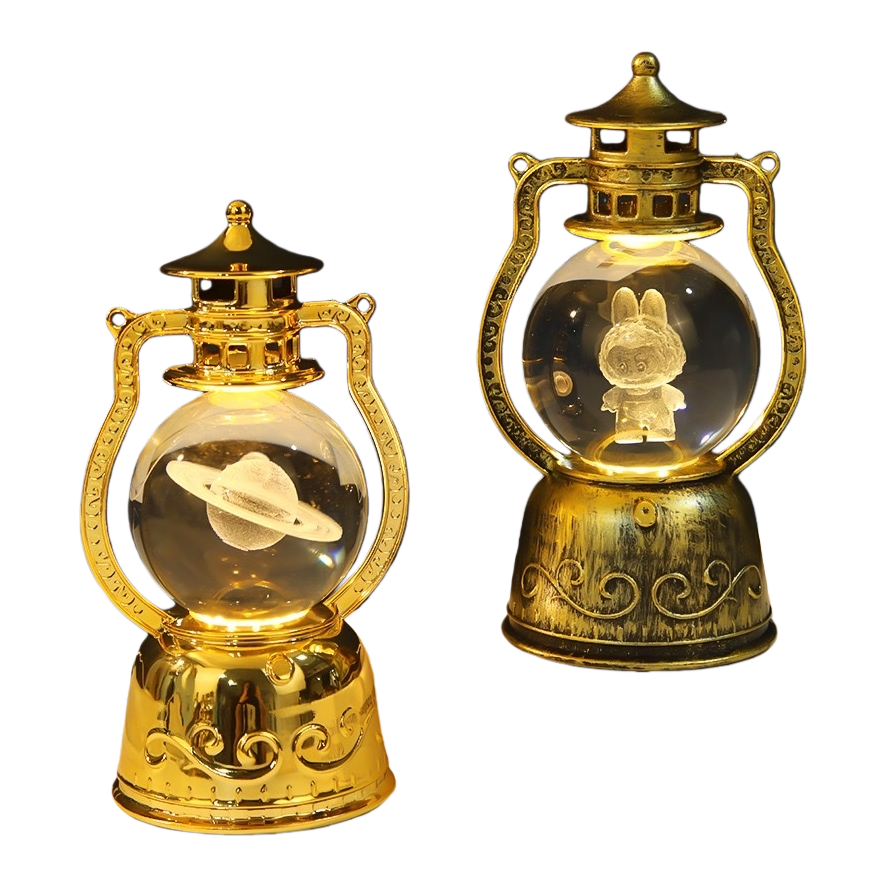 A golden retro kerosene lamp-shaped table lamp with a Saturn on the left and a rabbit on the right, featuring a double model decorative lamp Item Picture